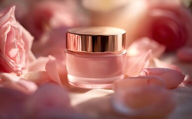 Luxurious face cream with rose petals, Face cream jar with rose petals in the air.Makeup face skin cream with rose flower petals. generative ai
