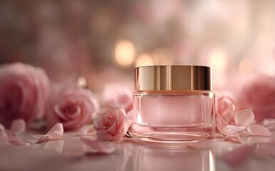Luxurious face cream with rose petals, Face cream jar with rose petals in the air.Makeup face skin cream with rose flower petals. generative ai