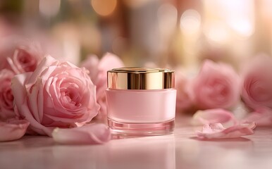 Luxurious face cream with rose petals, Face cream jar with rose petals in the air.Makeup face skin cream with rose flower petals. generative ai