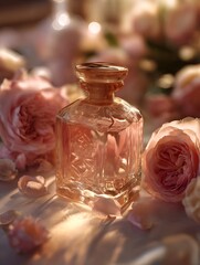 Luxury Perfume Bottle rests on Beautiful pink peony flowers in the sunny day, floral backgroundrock, showcasing luxurious texture and high contrast with perfect symmetry in soft lighting.generative ai