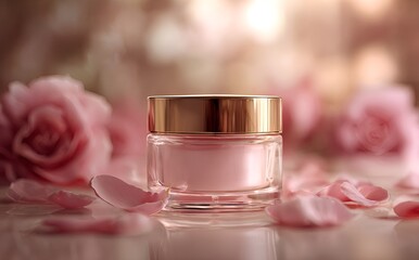 Luxurious face cream with rose petals, Face cream jar with rose petals in the air.Makeup face skin cream with rose flower petals. generative ai