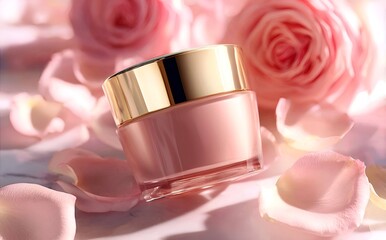 Luxurious face cream with rose petals, Face cream jar with rose petals in the air.Makeup face skin cream with rose flower petals. generative ai