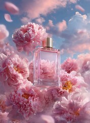 Luxury Perfume Bottle rests on Beautiful pink peony flowers in the sunny day, floral backgroundrock, showcasing luxurious texture and high contrast with perfect symmetry in soft lighting.generative ai