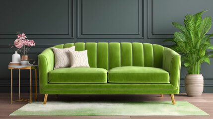 Green velvet sofa with cushions in modern living room 