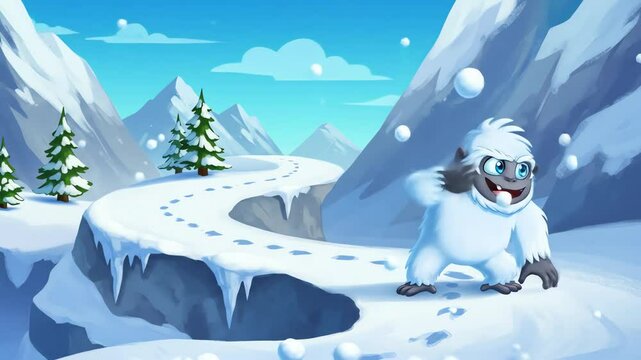 A cartoon yeti with blue eyes joyfully throws snowballs in a snowy mountain landscape