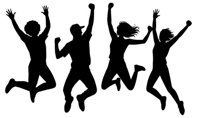Silhouette of four people jumping together