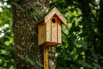 A simple wooden birdhouse is mounted on a tree trunk in a forest, surrounded by lush green foliage and natural textures of bark and leaves.