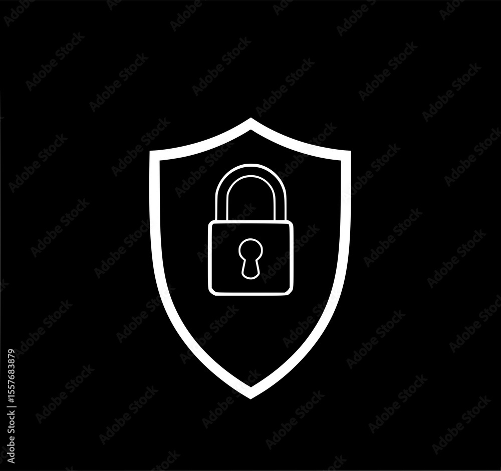 Poster secure shield: a minimalist line art illustration depicts a padlock inside a protective shield, symb