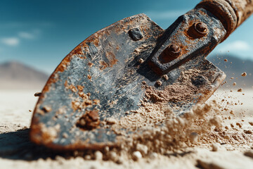 Desert Shovel: A weathered shovel head pierces the gritty desert ground, revealing rust and grit, portraying the harsh realities of manual labor under a clear sky.