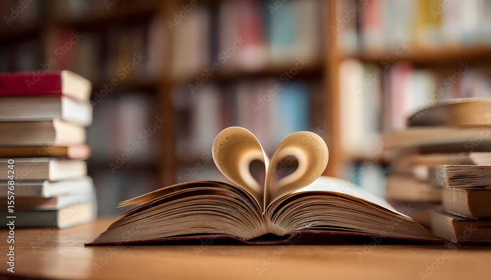 Poster love story book with open page of literature in heart shape and stack piles of text books on reading