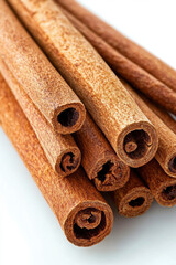 Cinnamon sticks neatly arranged in a pile, isolated on a white background. 
