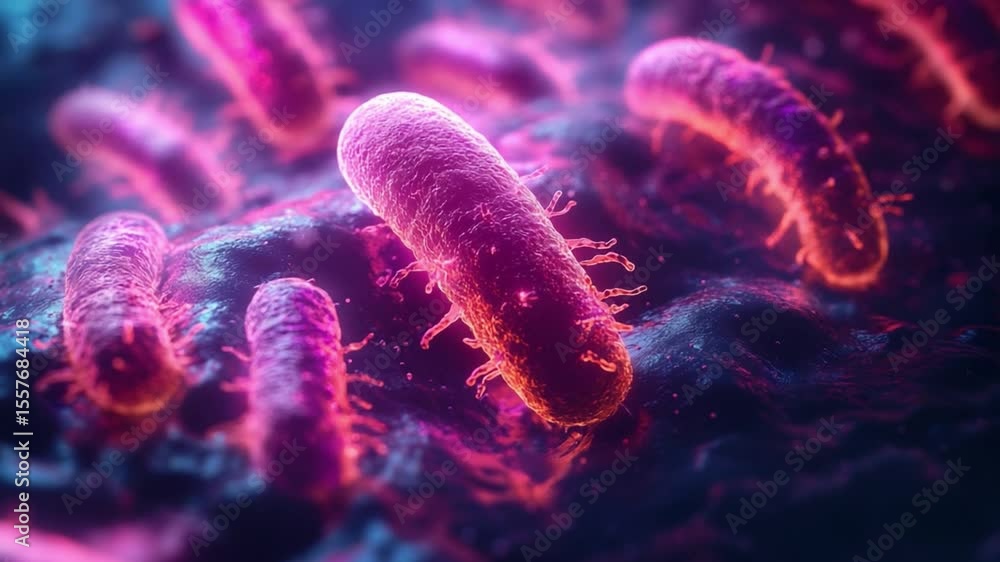 Poster microscopic world: a vibrant, close-up shot reveals a cluster of microorganisms, exhibiting the mesm