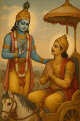 Lord Krishna is giving Gita lessons to Arjuna. 