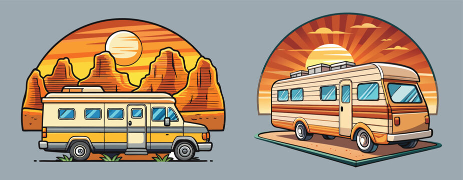 Vector art of retro camper vans parked against a stunning desert sunset, a vector illustration