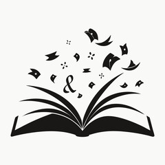 Silhouette of an open book with flying letters
 on a white background