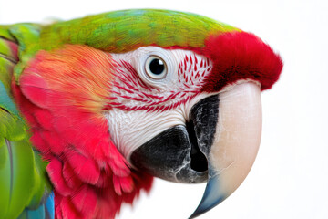 Close-up of a colorful macaw parrot, showcasing its vibrant feathers against a stark white background. 