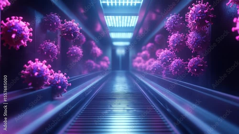 Aufkleber Virus Corridor: A digital rendering of a futuristic corridor, lined with vibrant purple virus particles, creating a visually striking and thought-provoking image about the microscopic world. 