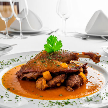 Dish from Brazilian cuisine, more precisely from the state of Par&aacute; or Paraense called, tucupi dish or prato ao Tucupi on a Luxurious Restaurant Table Setting