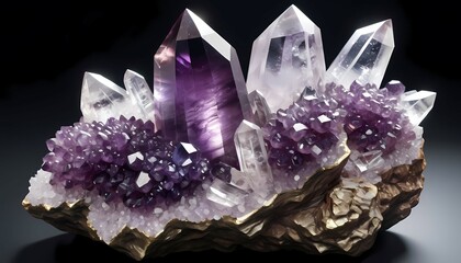 Artistic combination of amethyst and quartz, translucent depth, ethereal lighting, fantastic aesthetics