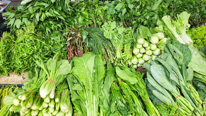 Fresh vegetables on the stalls at the food market