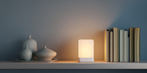 Modern lamp illuminating shelf with books and decorative vases  