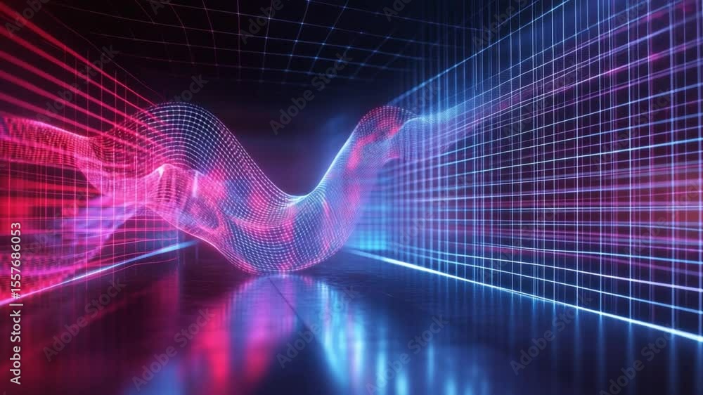 Poster Vivid Digital Abstraction: A mesmerizing digital artwork showcasing an undulating, flowing form in vibrant hues, set against a backdrop of a structured grid.