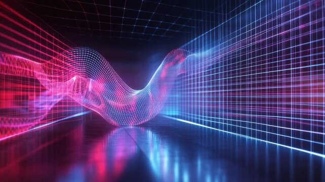 Vivid Digital Abstraction: A mesmerizing digital artwork showcasing an undulating, flowing form in vibrant hues, set against a backdrop of a structured grid.