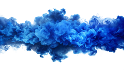Swirling blue smoke cloud explosion with white highlights and dark edges isolated on a transparent background