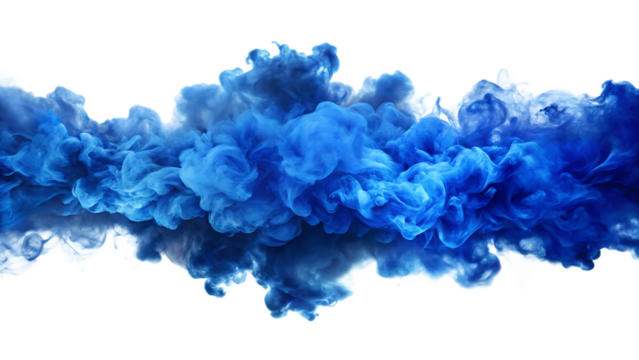 Swirling blue smoke cloud explosion with white highlights and dark edges isolated on a transparent background