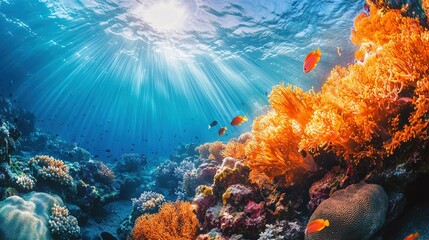 Fototapeta premium Underwater Coral Reef Scene with Bright Sunlight and Colorful Fish