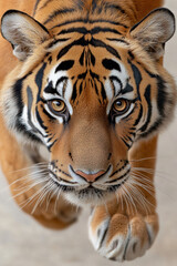 Fototapeta premium Close-up of a royal Bengal tiger, with vivid orange fur and black stripes, against a simple white background. 