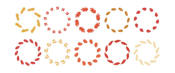 Falling leaf frame set. Leaves wreaths, doodle sketch style isolated on white background. Beautiful Wreaths of Yellow and Red Leaves. Natural print for autumn festival. Season greeting card.