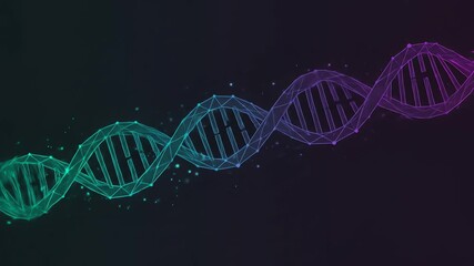 A gradient DNA double helix strand is depicted using a wireframe with teal and purple coloring dots surround it - Powered by Adobe