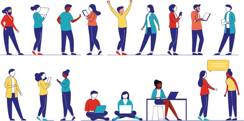 Diverse People Using Tablets Laptops Smartphones Communicating Modern Flat Illustration