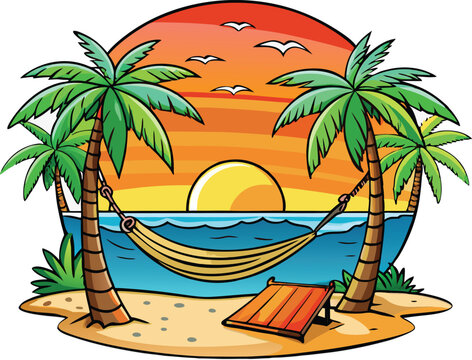 Vector art of a tranquil beach scene at sunset with palm trees and a hammock