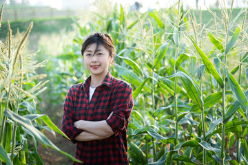 Young man farmer standing in corn field