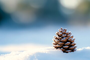 Serene winter scene: snow-dusted pine cone in soft, blue light.