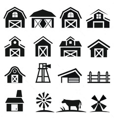 Black and White Farm Barn Icons Set Rural Agriculture Symbols Collection Barns Farms Silhouettes