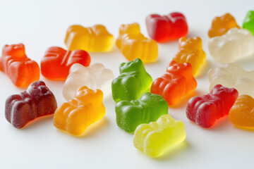 Close-up shot of assorted gummy bears and sour candies, isolated on a crisp, clean white background with soft lighting. 