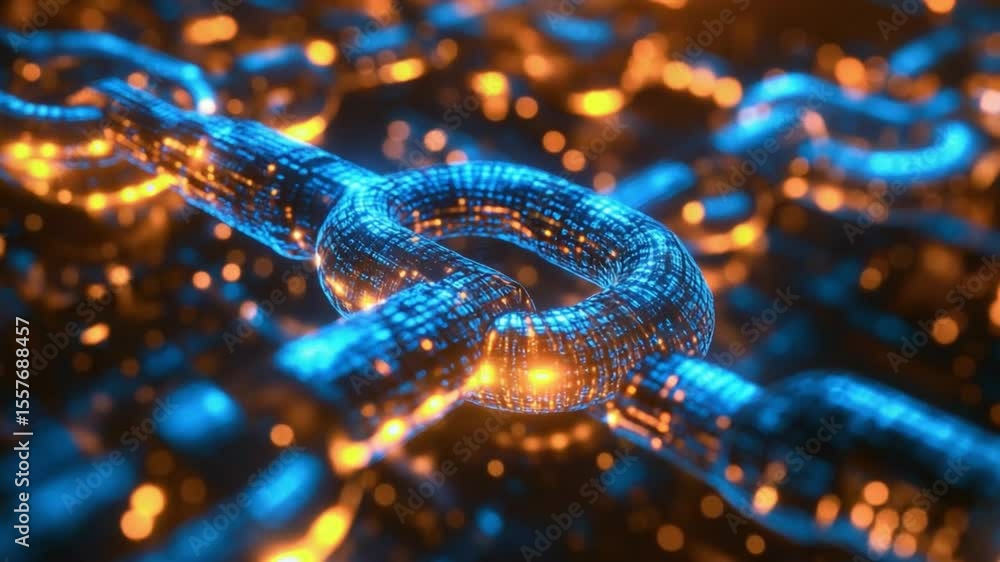 Poster Connected Digital Ledger: An intricately detailed chain of interconnected digital blocks glows.