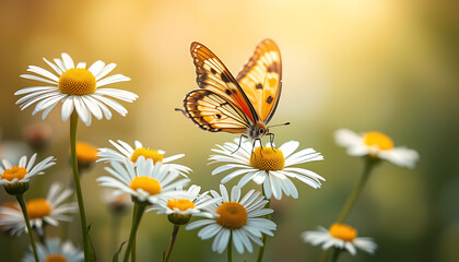 Butterfly's Delight An Exquisite Moment in a Daisy Field Bathed in Golden Light Captivating the Beauty of Nature
