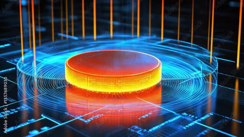 Poster Digital Core: A futuristic digital representation of a core component glows with neon energy and complex circuits, the heart of advanced technology and innovation.