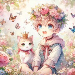 Naklejka premium Chibi boy with a flower crown and a cat, surrounded by butterflies and flowers on a pastel background, copy space