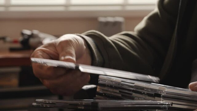 Close-up of aged hands organizing vintage CD cases, retro technology and memory preservation scene.
