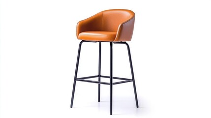Bar stool with metal frame and leather seat isolated on white background