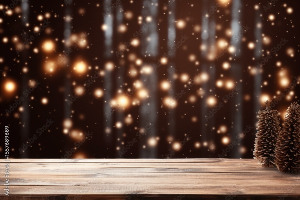 Poster christmas trees stand on a wooden table with sparkling background lights falling down, creating a fe
