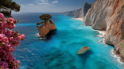 Picturesque Beach and White Cliffs of Greece