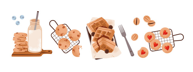 Homemade breakfast with cookies with milk and waffles. Healthy baking. Tasty bakery with syrup and jam. Flat vector illustration set.