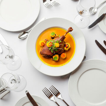 Dish from Brazilian cuisine, more precisely from the state of Par&aacute; or Paraense called, tucupi dish or prato ao Tucupi on a Luxurious Restaurant Table Setting