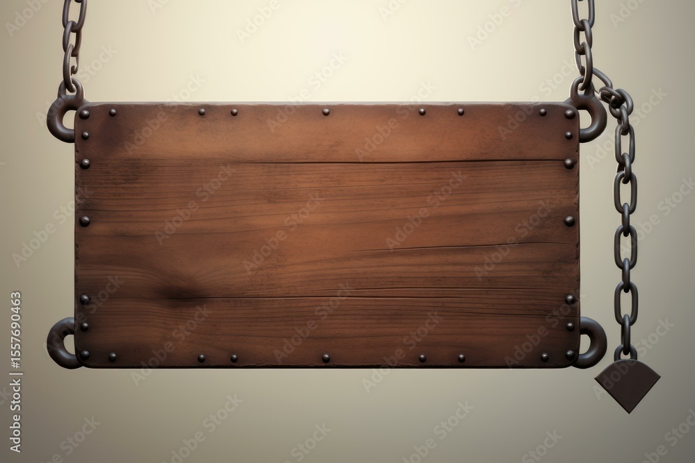 Fototapete wooden sign hanging from chains with metal frame and rivets, ideal for adding text or graphics